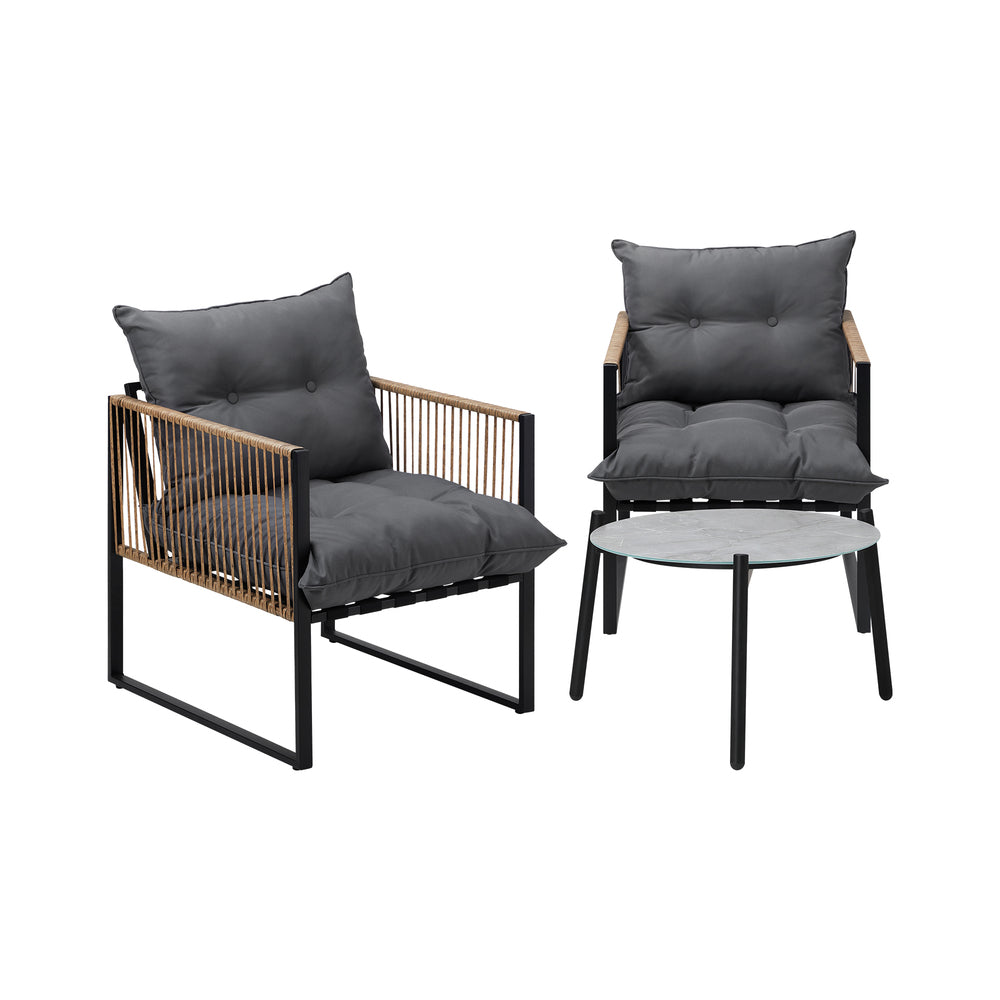 3PCS Outdoor Patio Set Grey & Black 50cm Coffee Table Rattan Chairs