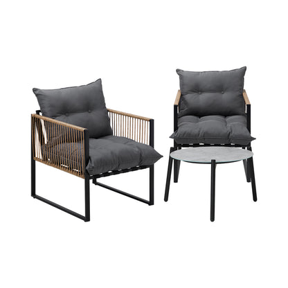 3PCS Outdoor Patio Set Grey & Black 50cm Coffee Table Rattan Chairs