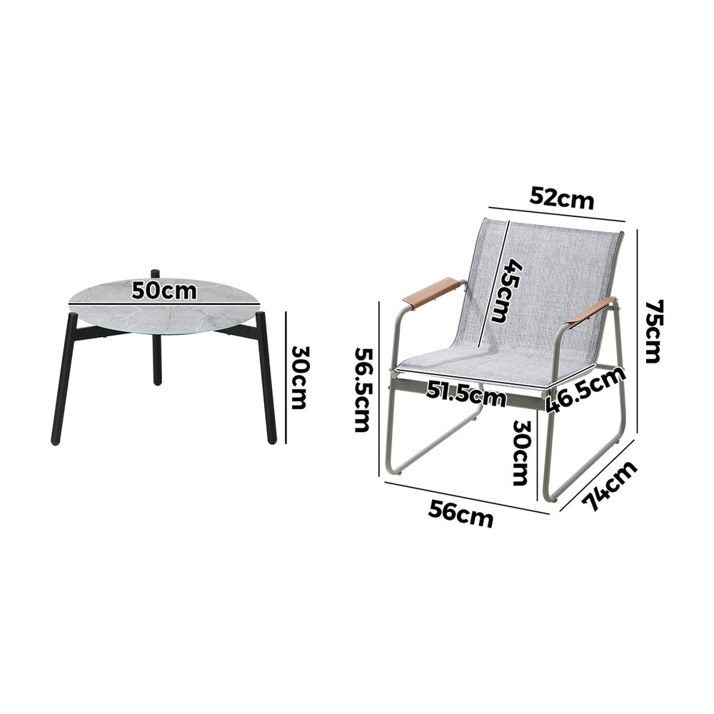 3PCS Outdoor Bistro Set Patio Chair 50cm Coffee Table Textilene Grey & White