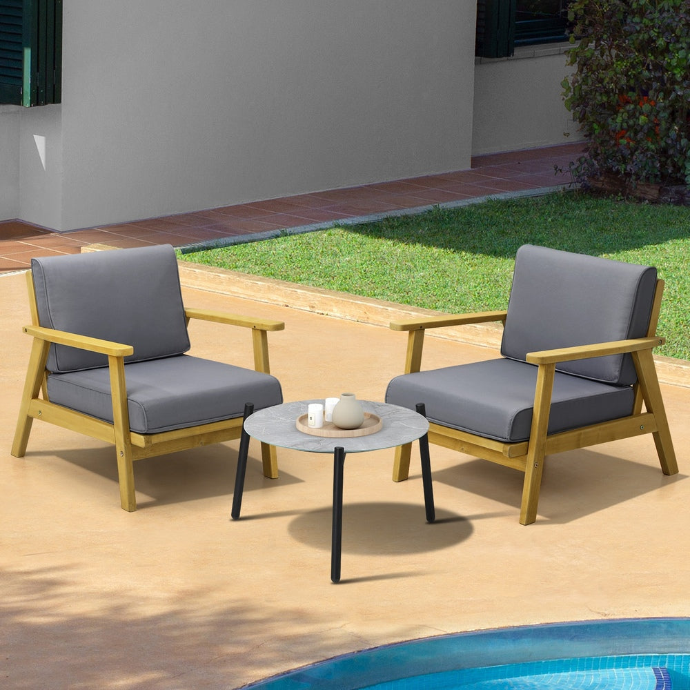 3PCS Outdoor Patio Set Grey & Black 50cm Coffee Table Rattan Chairs