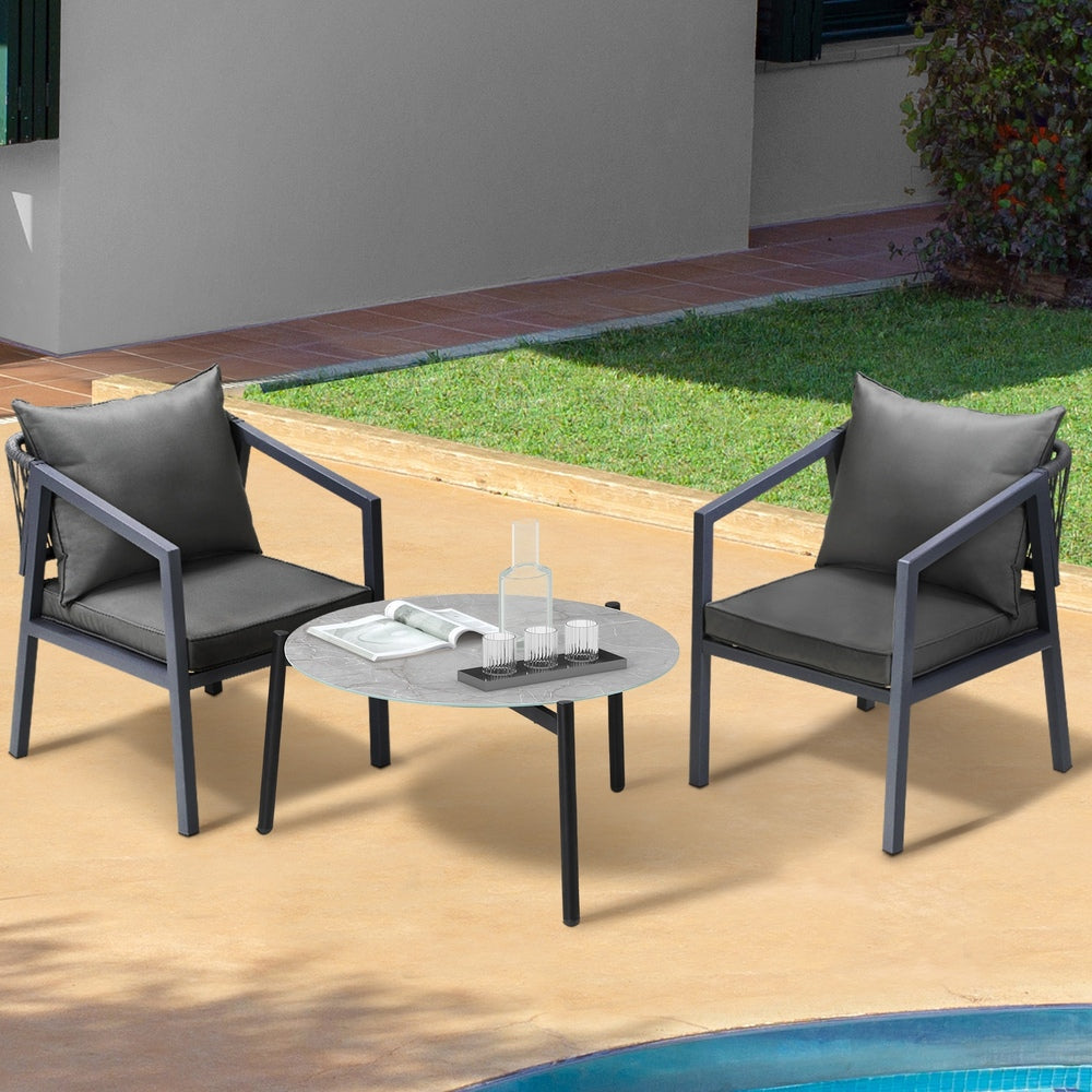 3PCS Outdoor Patio Set 70cm & 50cm Coffee Table Grey Chairs