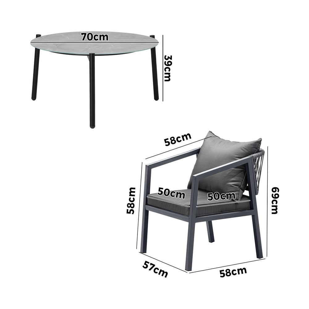3PCS Outdoor Patio Set 70cm & 50cm Coffee Table Grey Chairs