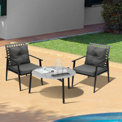 3PC Outdoor Patio Set 70CM Grey Marble Table Rattan Chairs