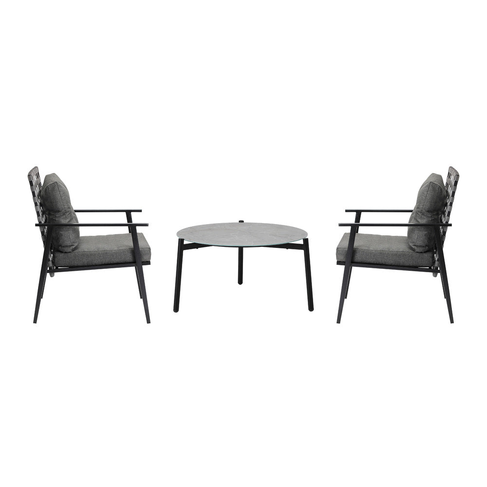 3PC Outdoor Patio Set 70CM Grey Marble Table Rattan Chairs