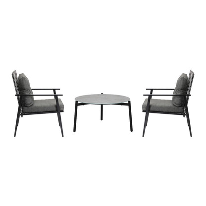 3PC Outdoor Patio Set 70CM Grey Marble Table Rattan Chairs