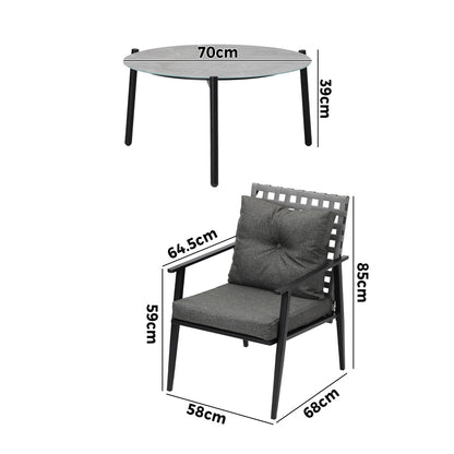 3PC Outdoor Patio Set 70CM Grey Marble Table Rattan Chairs