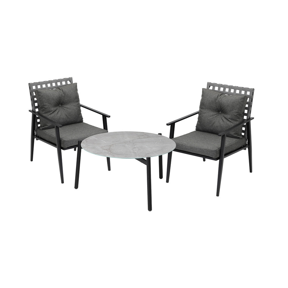 3PC Outdoor Patio Set 70CM Grey Marble Table Rattan Chairs
