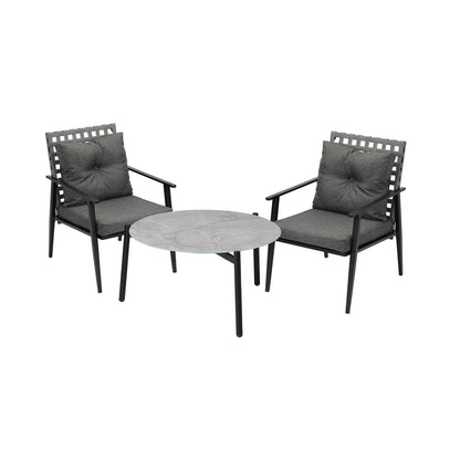 3PC Outdoor Patio Set 70CM Grey Marble Table Rattan Chairs