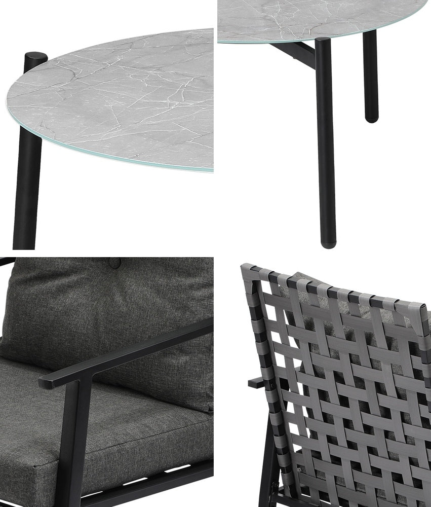 3PC Outdoor Patio Set 70CM Grey Marble Table Rattan Chairs