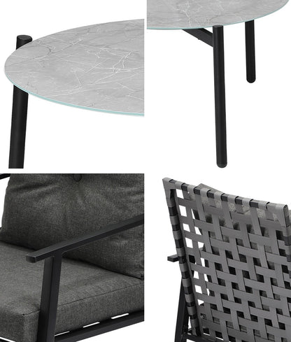 3PC Outdoor Patio Set 70CM Grey Marble Table Rattan Chairs