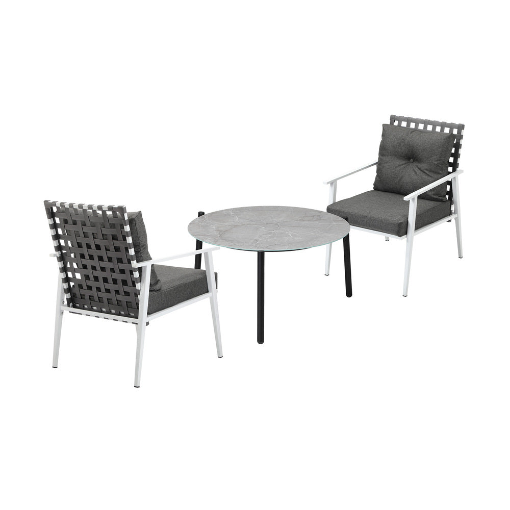 3PC Outdoor Patio Set 70CM Grey Marble Table Rattan Chairs