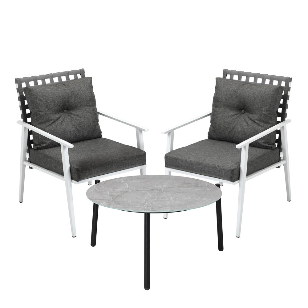 3pc Outdoor Lounge Sets 70CM Grey & White Round Table Rattan Chairs