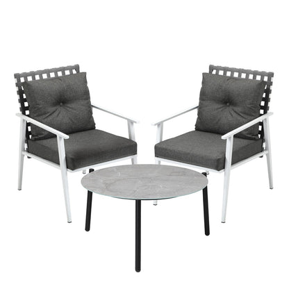 3pc Outdoor Lounge Sets 70CM Grey & White Round Table Rattan Chairs
