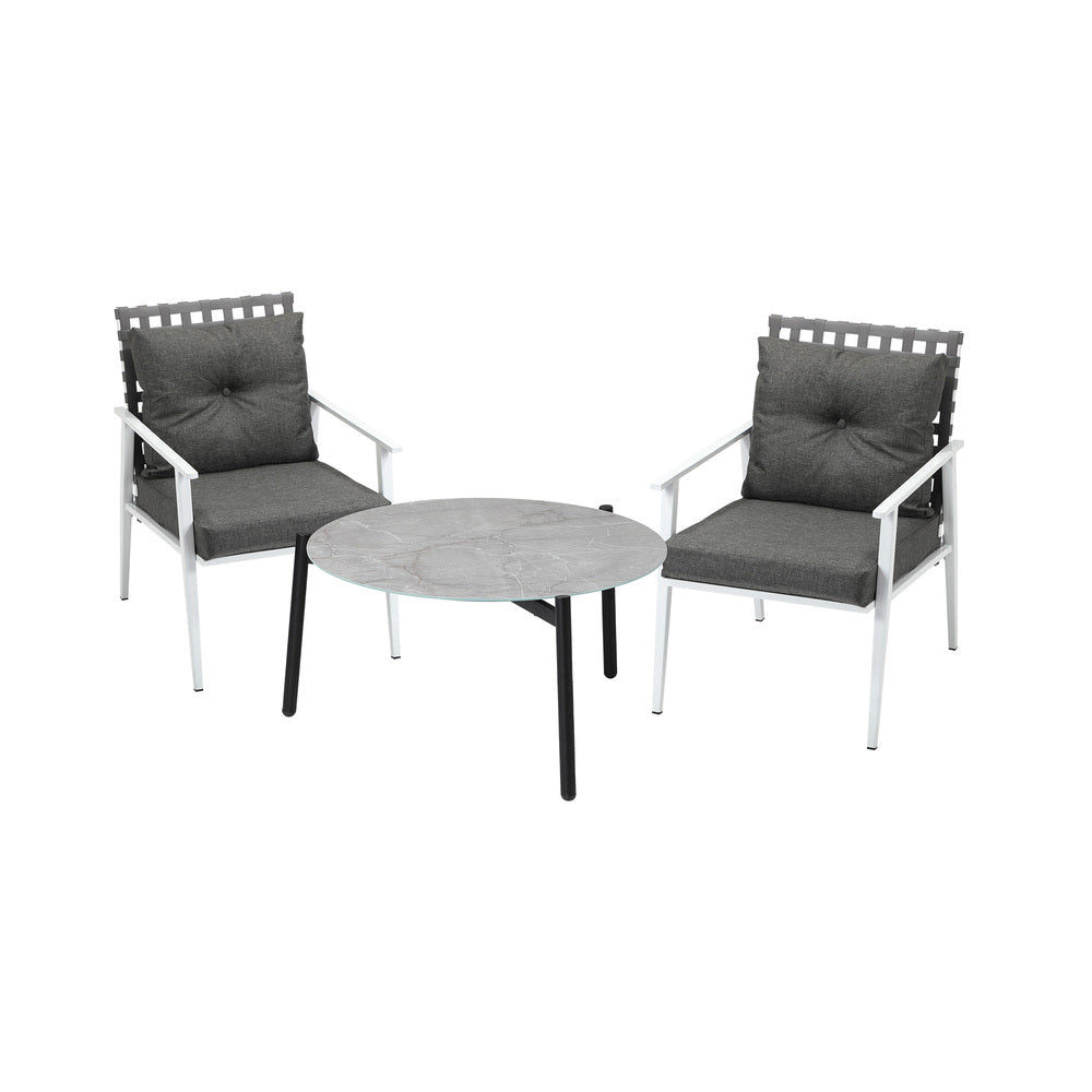 3pc Outdoor Lounge Sets 70CM Grey & White Round Table Rattan Chairs