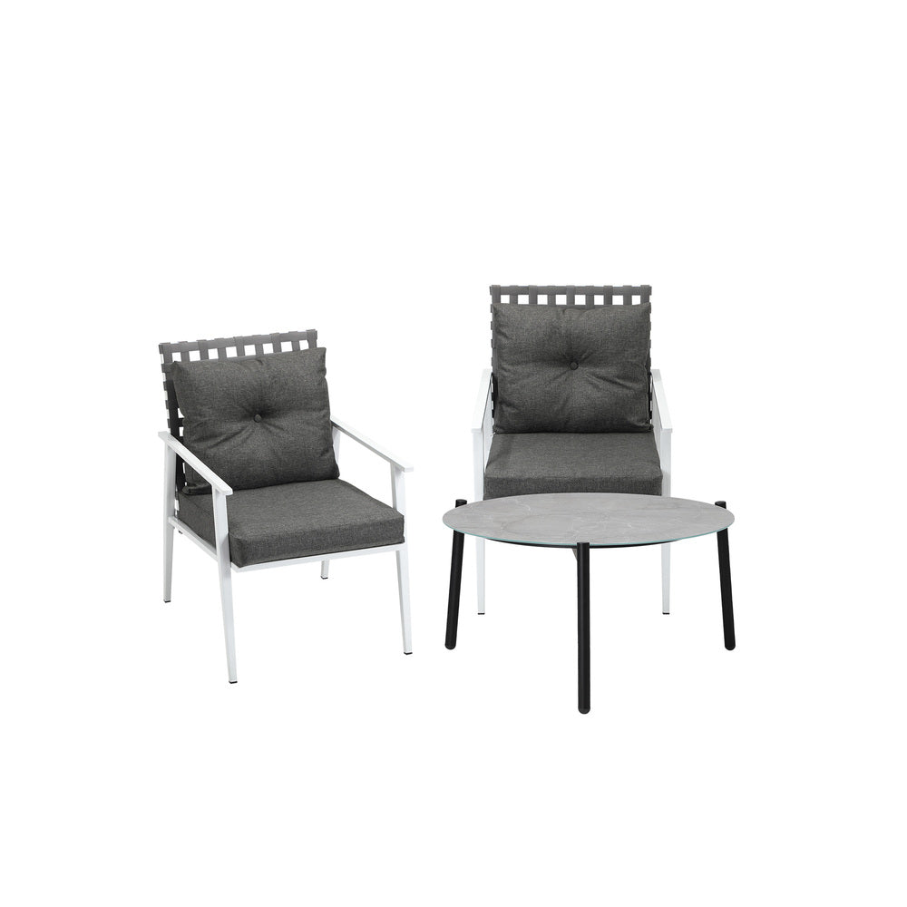3pc Outdoor Lounge Sets 70CM Grey & White Round Table Rattan Chairs