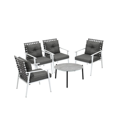 5pc Outdoor Patio Set 70CM Grey Marble Table Rattan Chairs