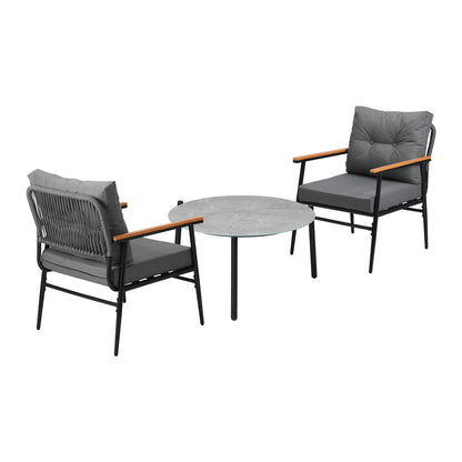 3PC Outdoor Patio Set 70CM Grey Marble Table Rattan Chairs