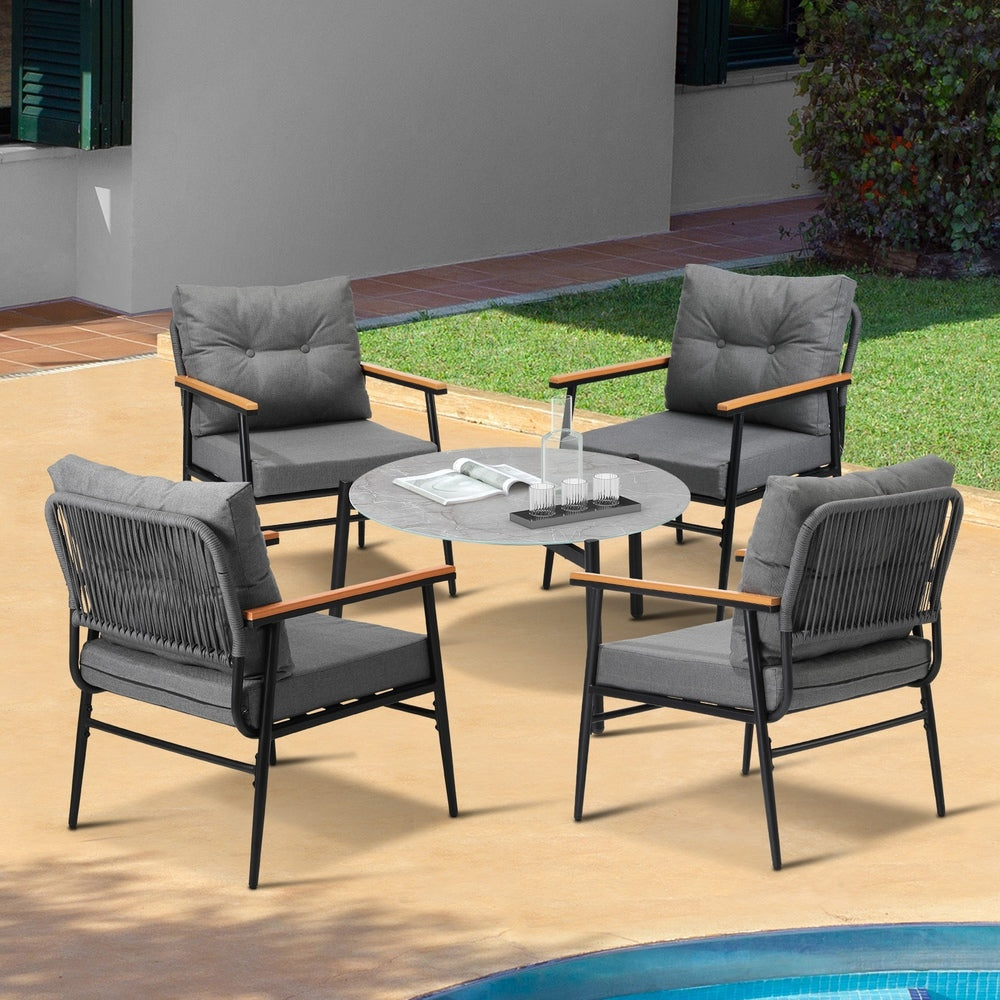 5pc Outdoor Patio Setting 70cm Table White Grey & Black Armchairs