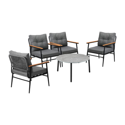 5pc Outdoor Patio Setting 70cm Table White Grey & Black Armchairs