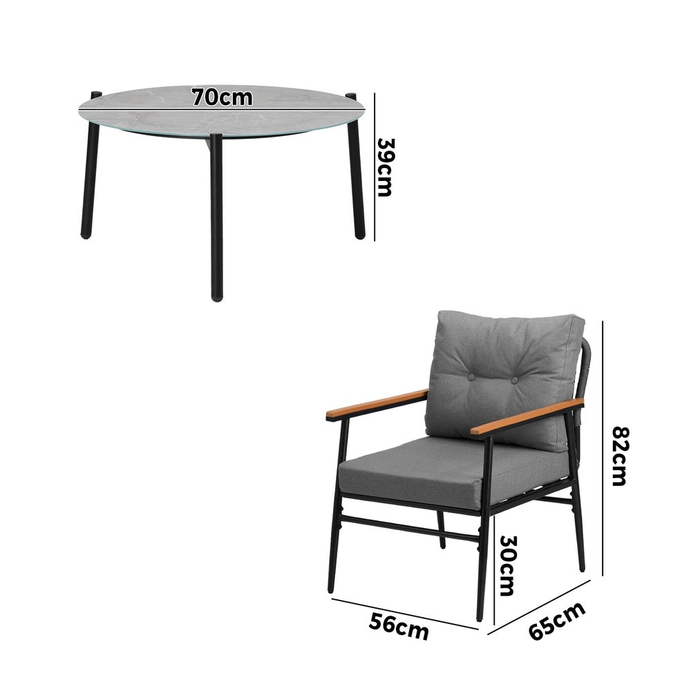 5pc Outdoor Patio Setting 70cm Table White Grey & Black Armchairs