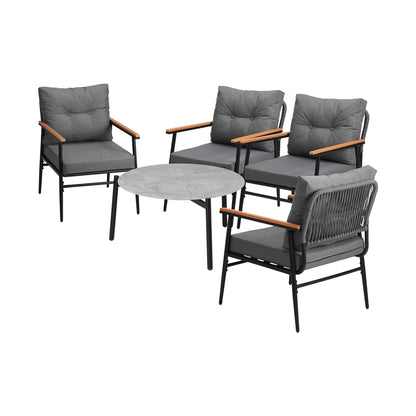 5pc Outdoor Patio Setting 70cm Table White Grey & Black Armchairs