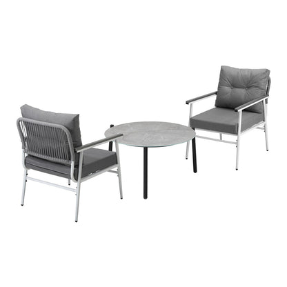 3PC Outdoor Patio Set 70CM Grey Marble Table Rattan Chairs