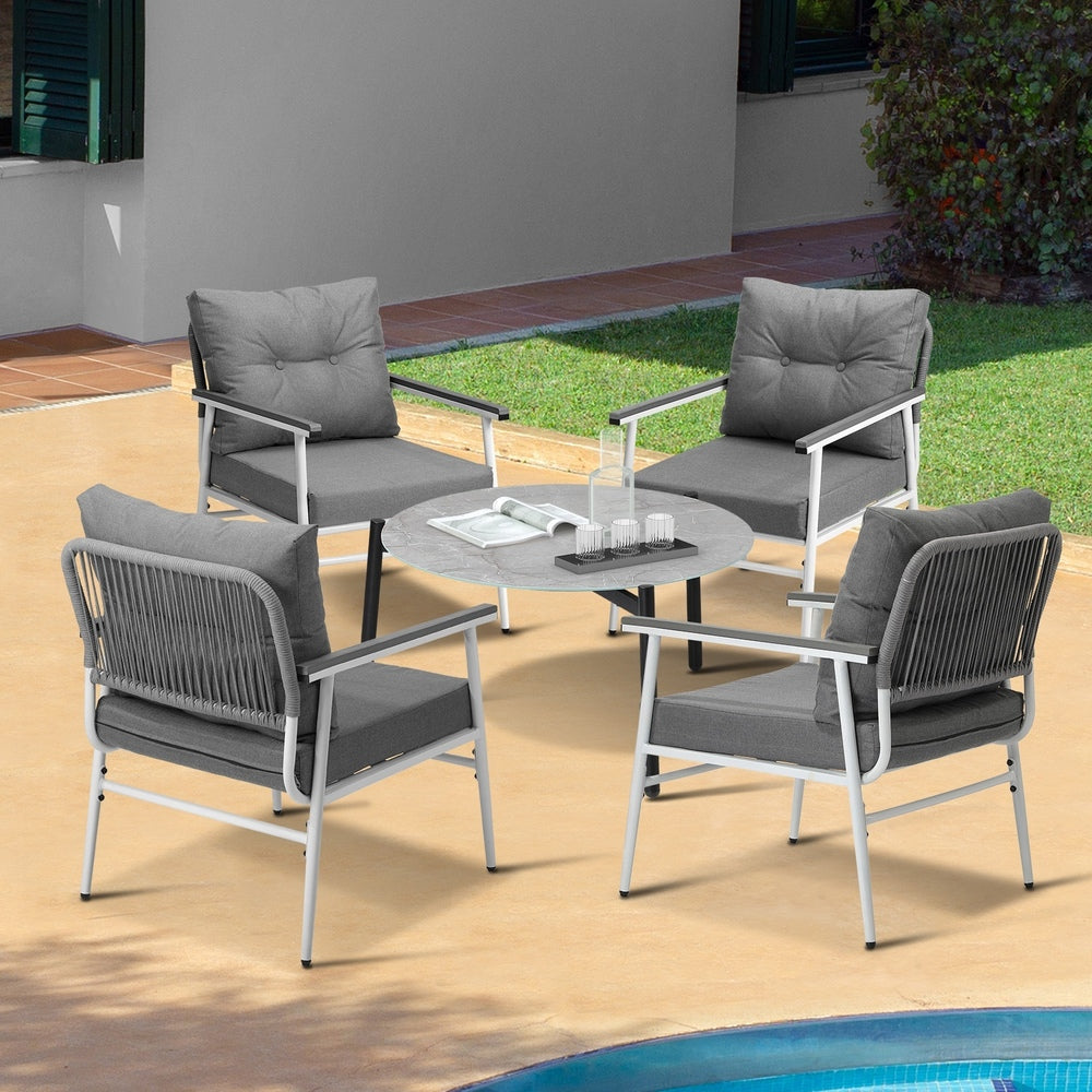 5pc Outdoor Patio Setting 70cm Table White Grey & Black Armchairs