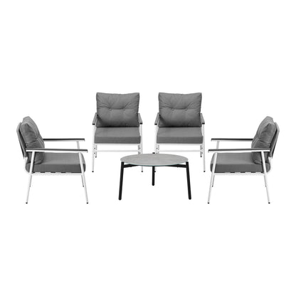 5pc Outdoor Patio Setting 70cm Table White Grey & Black Armchairs