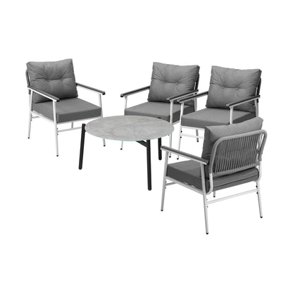 5pc Outdoor Patio Setting 70cm Table White Grey & Black Armchairs