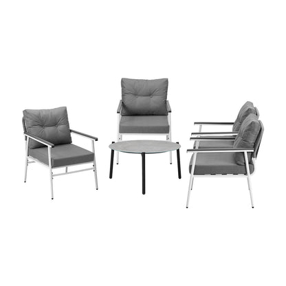 5pc Outdoor Patio Setting 70cm Table White Grey & Black Armchairs