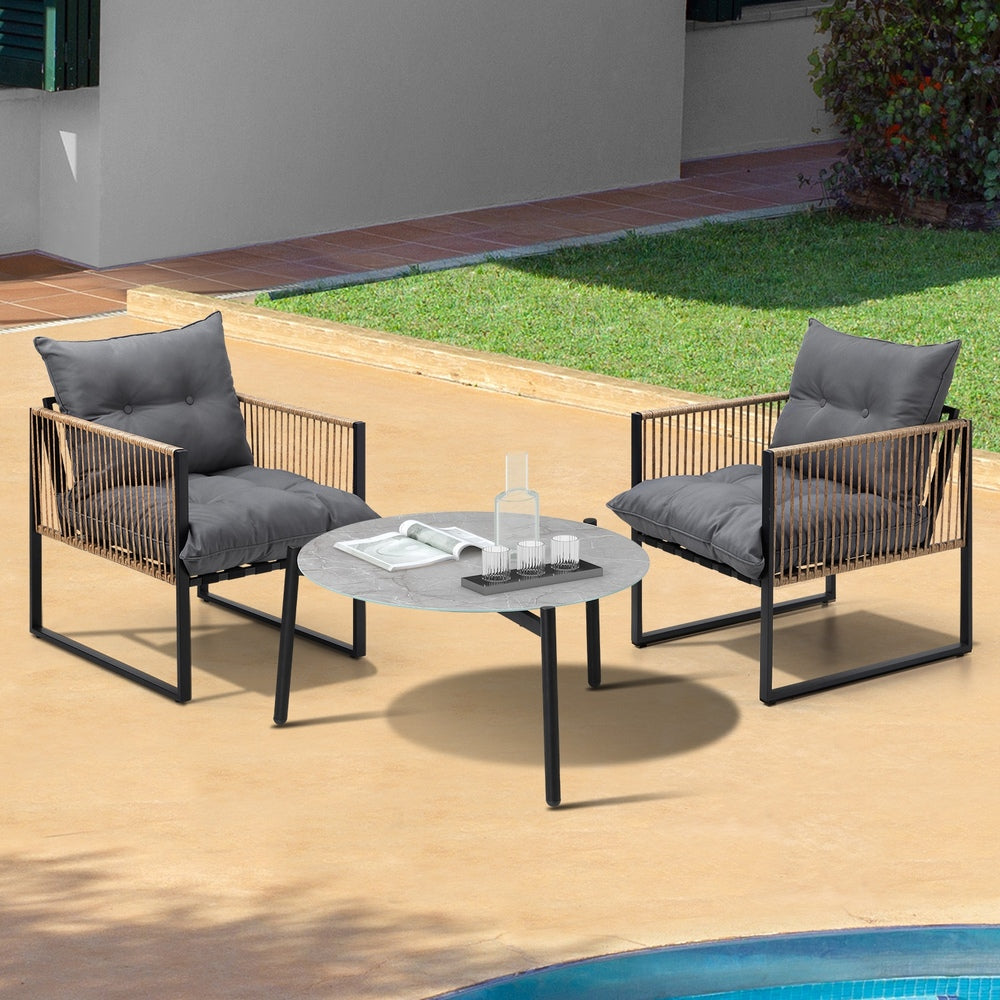 3PCS Outdoor Patio Set Grey & Black 70cm Coffee Table Rattan Chairs