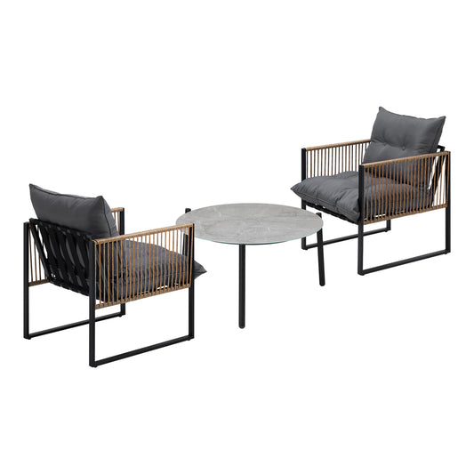 3PCS Outdoor Patio Set Grey & Black 70cm Coffee Table Rattan Chairs