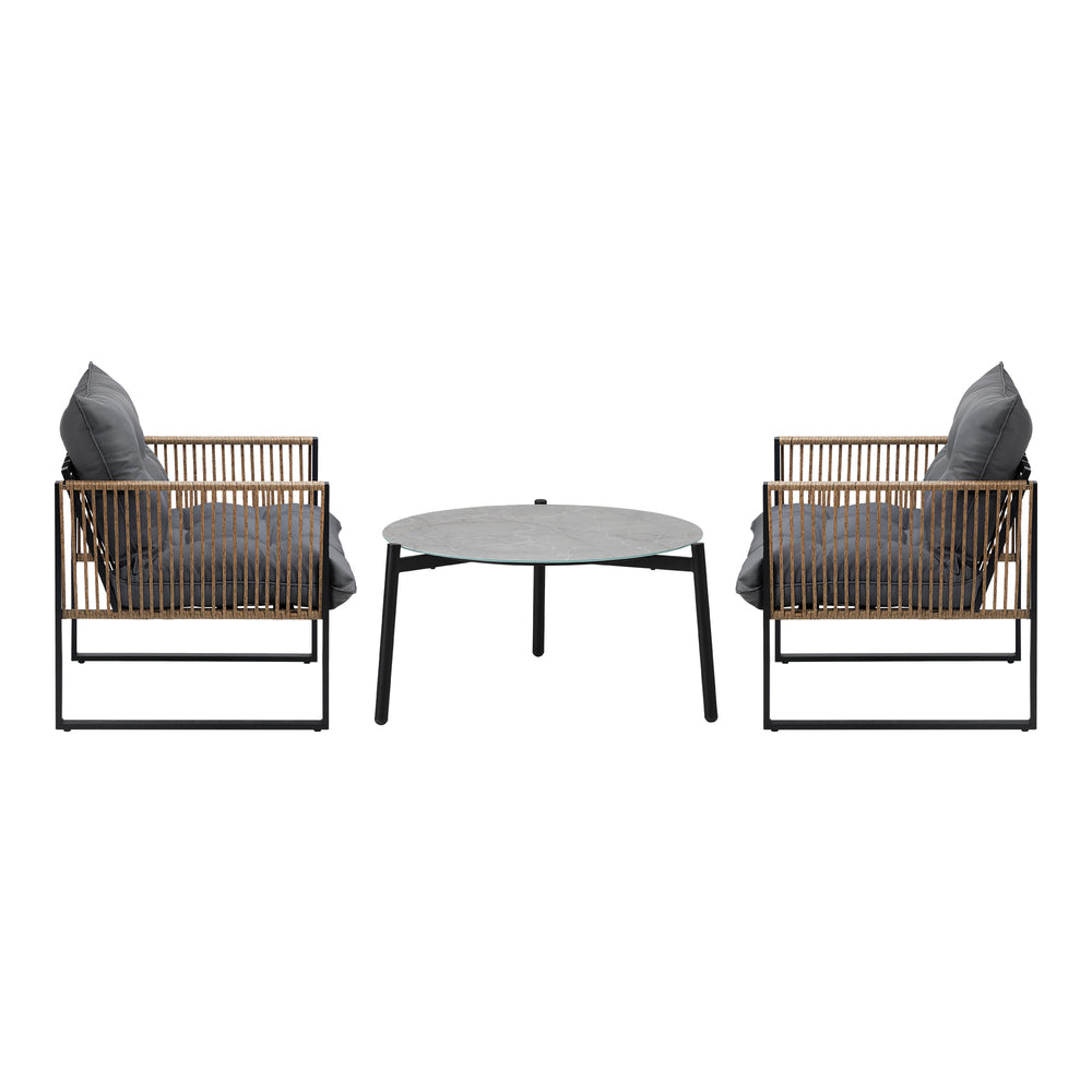 3PCS Outdoor Patio Set Grey & Black 70cm Coffee Table Rattan Chairs