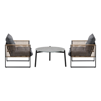 3PCS Outdoor Patio Set Grey & Black 70cm Coffee Table Rattan Chairs