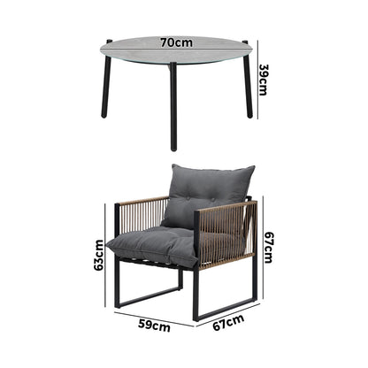 3PCS Outdoor Patio Set Grey & Black 70cm Coffee Table Rattan Chairs