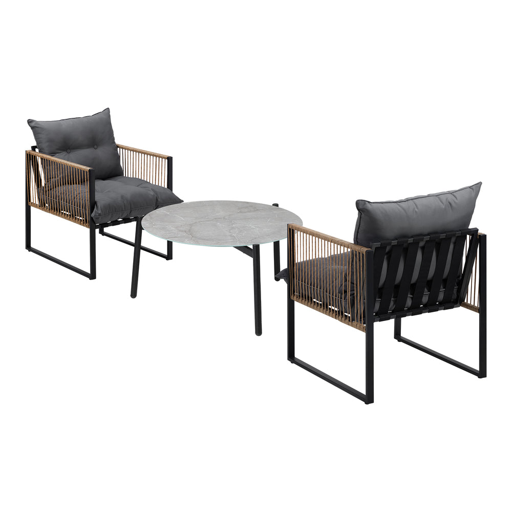 3PCS Outdoor Patio Set Grey & Black 70cm Coffee Table Rattan Chairs
