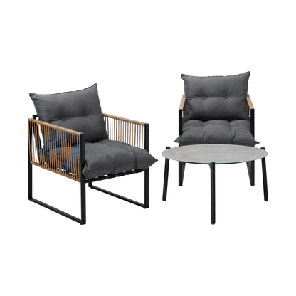 3PCS Outdoor Patio Set Grey & Black 70cm Coffee Table Rattan Chairs