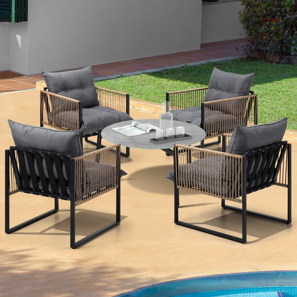 5PCS Outdoor Patio Set with White & Grey Rattan Chairs & 70cm Coffee Table Garden