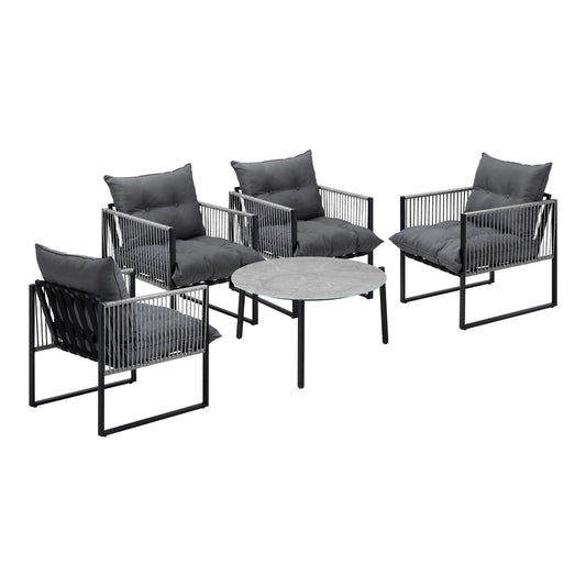 5PCS Outdoor Patio Set Grey & White 70cm Table Cushioned Armchairs