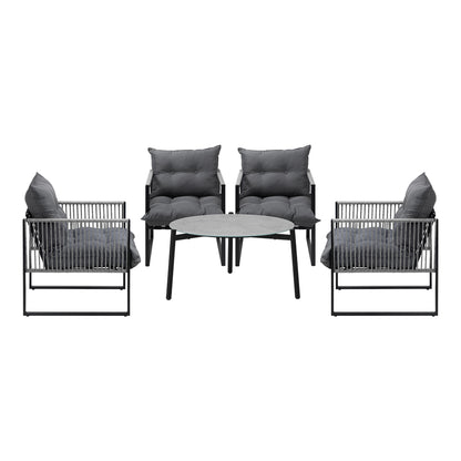 5PCS Outdoor Patio Set Grey & White 70cm Table Cushioned Armchairs