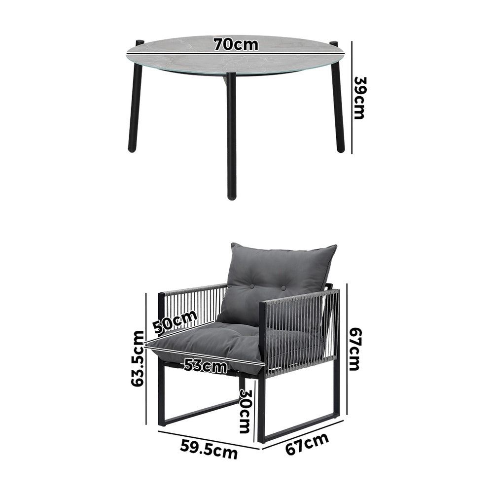 5PCS Outdoor Patio Set Grey & White 70cm Table Cushioned Armchairs