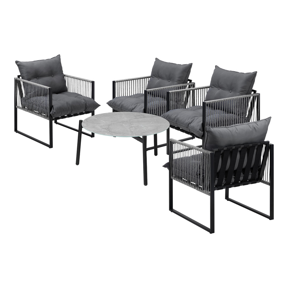 5PCS Outdoor Patio Set Grey & White 70cm Table Cushioned Armchairs