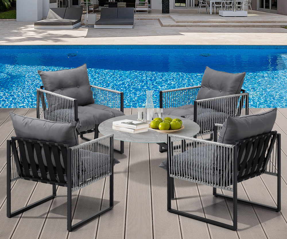 5PCS Outdoor Patio Set Grey & White 70cm Table Cushioned Armchairs