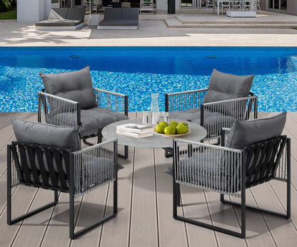 5PCS Outdoor Patio Set Grey & White 70cm Table Cushioned Armchairs