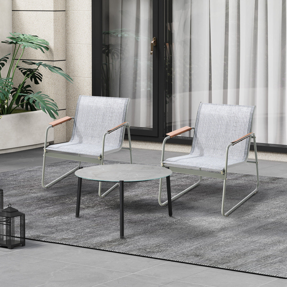3PCS Outdoor Bistro Set Patio Chair 70cm Grey & WhiteTable Textilene