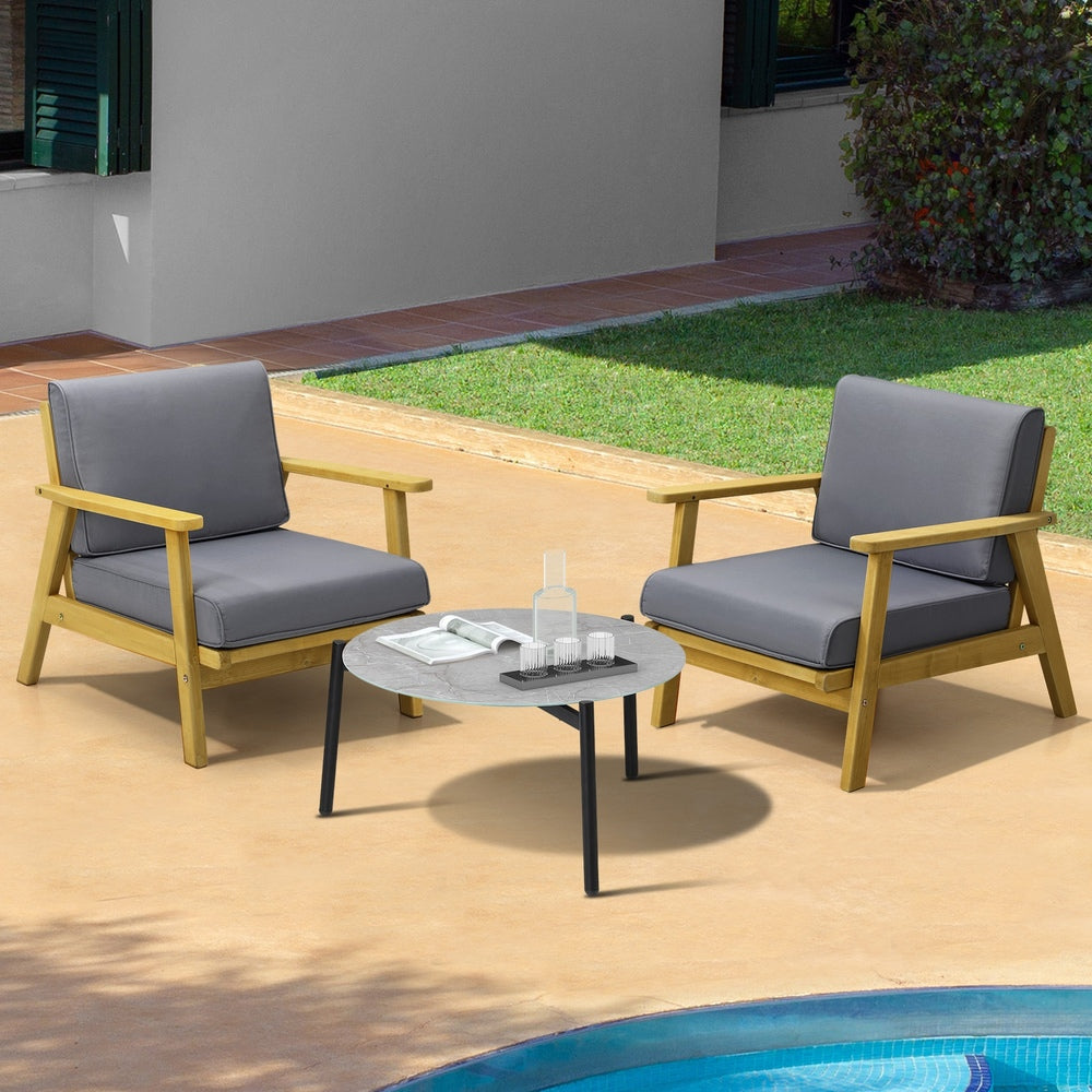 3PCS Outdoor Patio Set Grey & Black 70cm Coffee Table Rattan Chairs
