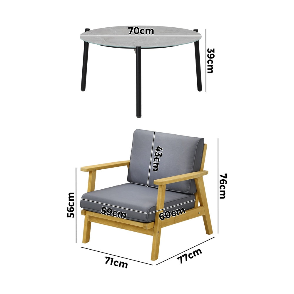 3PCS Outdoor Patio Set Grey & Black 70cm Coffee Table Rattan Chairs