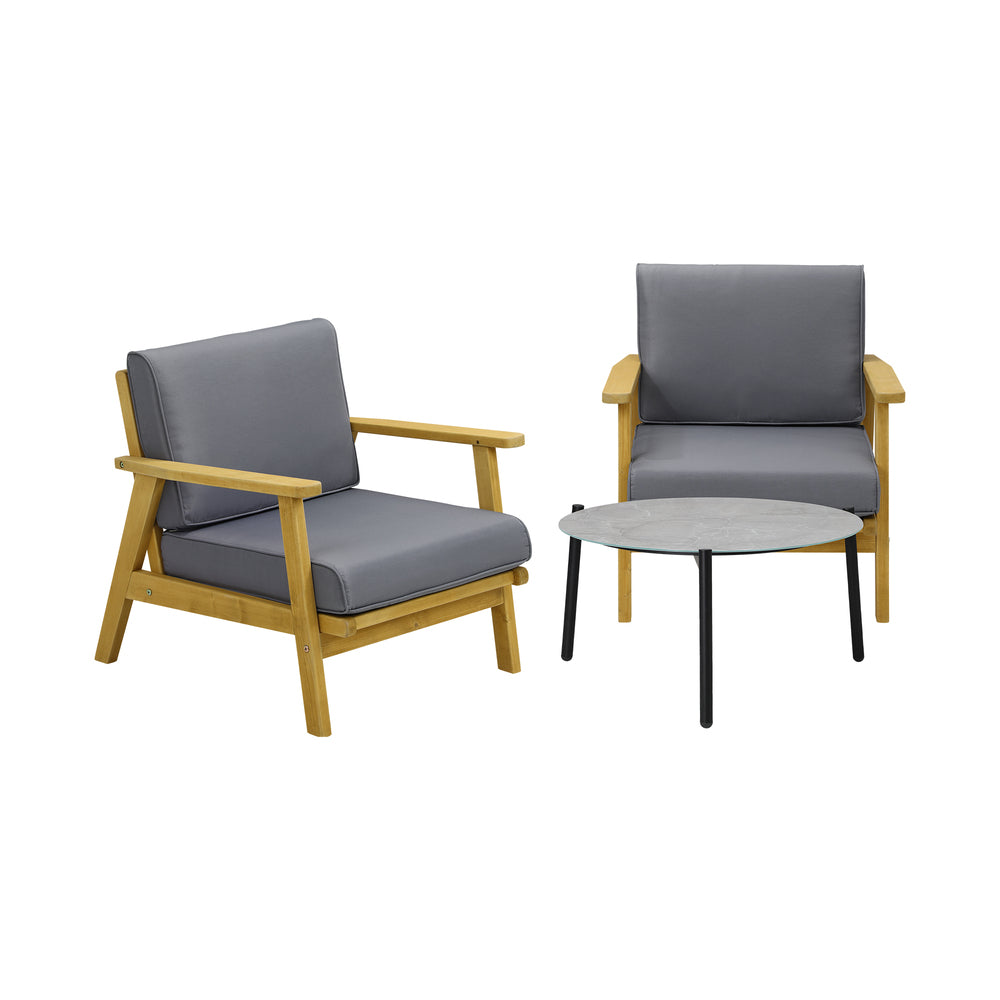 3PCS Outdoor Patio Set Grey & Black 70cm Coffee Table Rattan Chairs