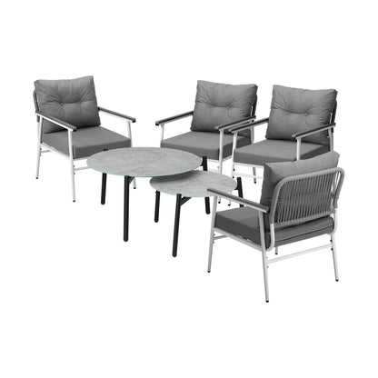 6PCS Outdoor Patio Set White Black & Grey Table Set with White Chairs