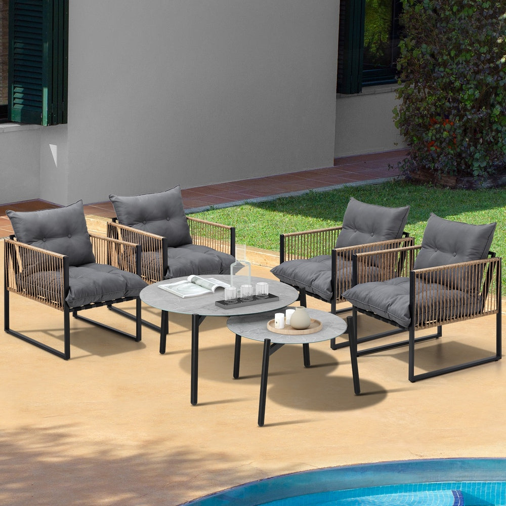 6PCS Outdoor Patio Set with Rattan Chairs & Grey & White Coffee Table for Garden